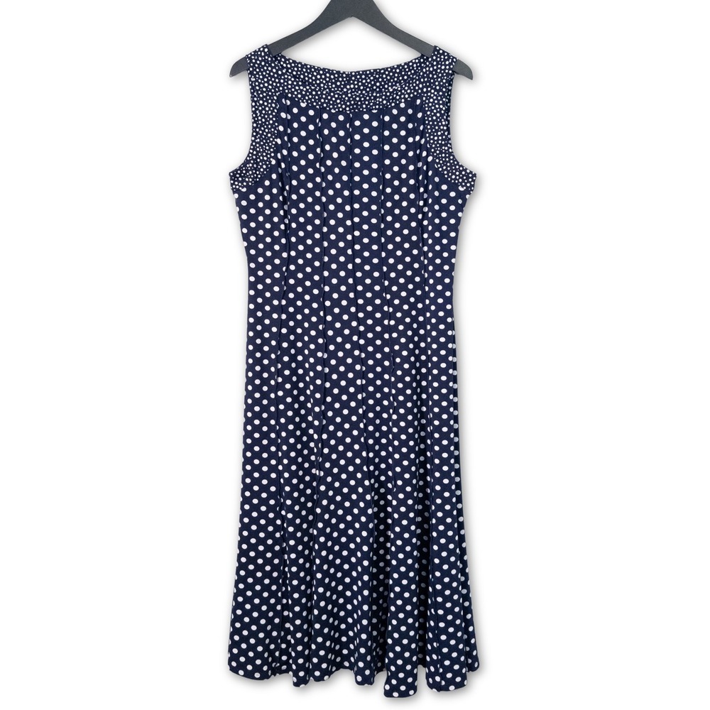 Womens Dress L Navy Blue Polka Dot Midi Nautical Twee Dark Academia Preppy